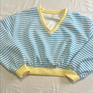 AS Revival Cropped Blue & White Striped V-Neck Sweatshirt with Yellow Trim